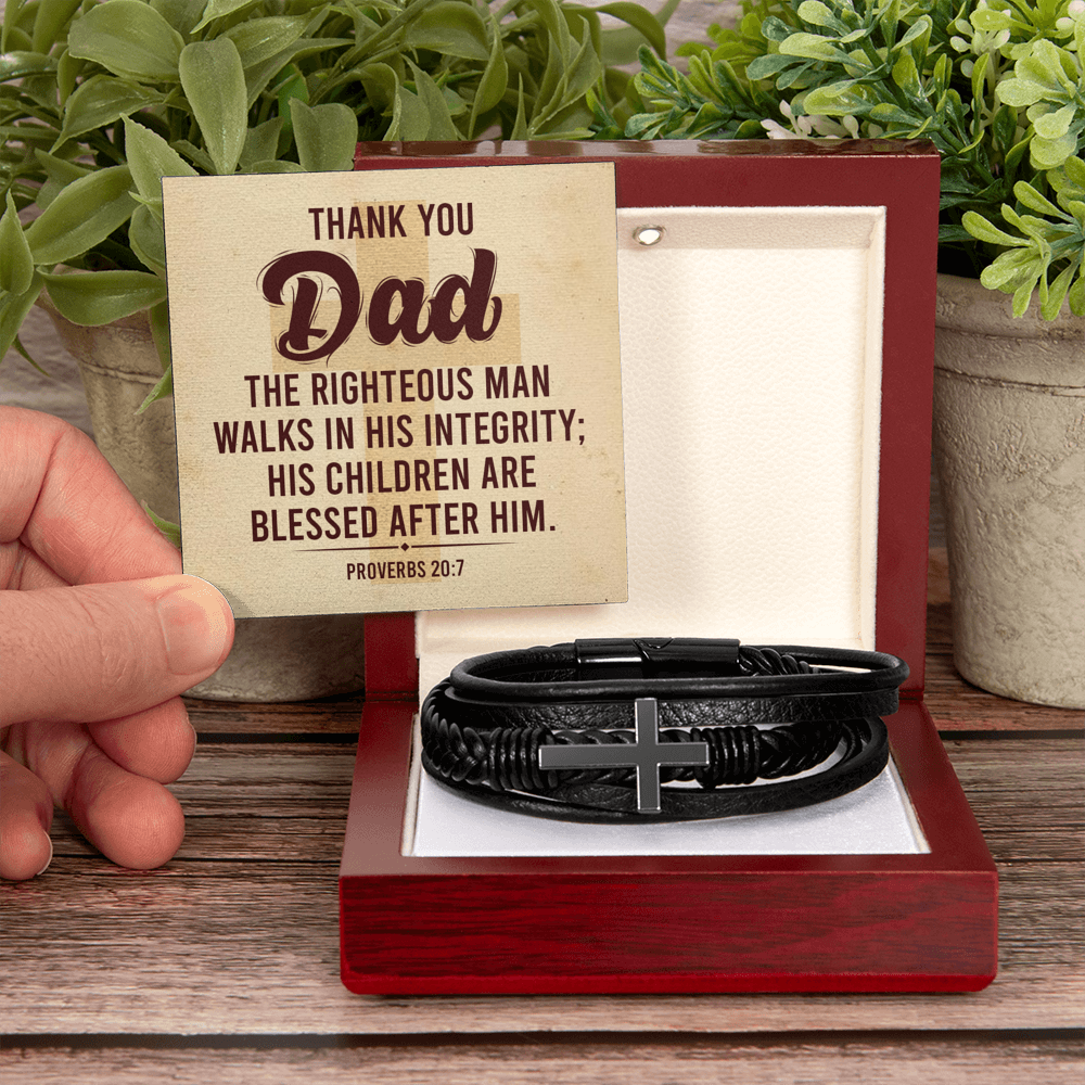 Proverbs 20:7 - Leather Cross Bracelet